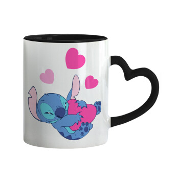 Lilo & Stitch hugs and hearts, Κούπα καρδιά χερούλι μαύρη, κεραμική, 330ml