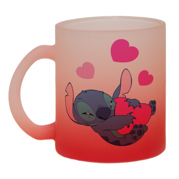 Lilo & Stitch hugs and hearts, Κούπα γυάλινη δίχρωμη με βάση το κόκκινο ματ, 330ml