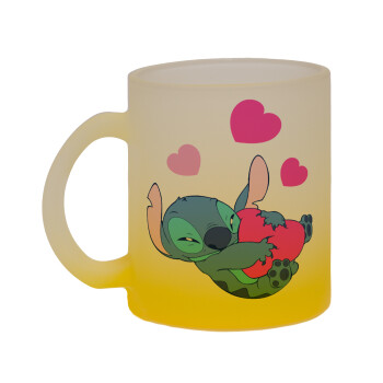 Lilo & Stitch hugs and hearts, Κούπα γυάλινη δίχρωμη με βάση το κίτρινο ματ, 330ml