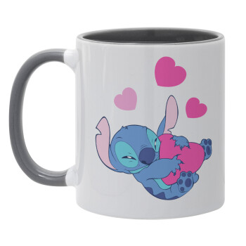 Lilo & Stitch hugs and hearts, Mug colored grey, ceramic, 330ml