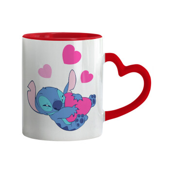 Lilo & Stitch hugs and hearts, Κούπα καρδιά χερούλι κόκκινη, κεραμική, 330ml