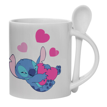 Lilo & Stitch hugs and hearts, Ceramic coffee mug with Spoon, 330ml (1pcs)