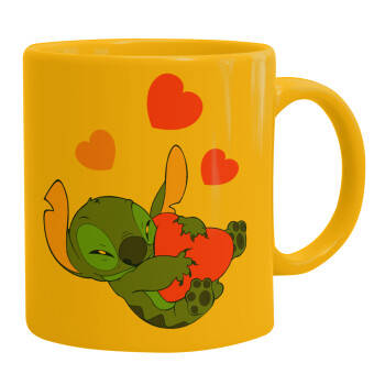 Lilo & Stitch hugs and hearts, Ceramic coffee mug yellow, 330ml (1pcs)