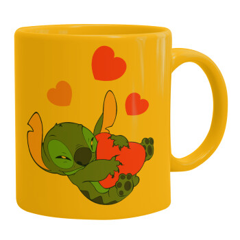 Lilo & Stitch hugs and hearts, Ceramic coffee mug yellow, 330ml