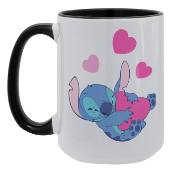 Lilo & Stitch hugs and hearts, Κούπα Mega 15oz, κεραμική Μαύρη, 450ml