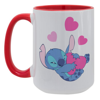 Lilo & Stitch hugs and hearts, Κούπα Mega 15oz, κεραμική Κόκκινη, 450ml