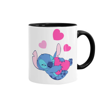 Lilo & Stitch hugs and hearts, Κούπα χρωματιστή μαύρη, κεραμική, 330ml