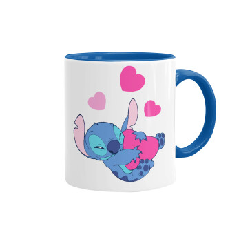 Lilo & Stitch hugs and hearts, Mug colored blue, ceramic, 330ml
