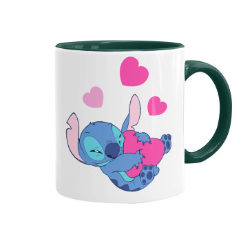 Lilo & Stitch hugs and hearts, Mug colored green, ceramic, 330ml