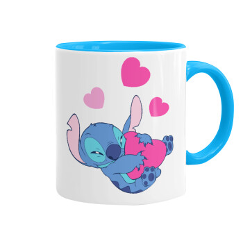Lilo & Stitch hugs and hearts, Mug colored light blue, ceramic, 330ml