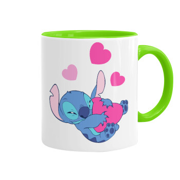 Lilo & Stitch hugs and hearts, Mug colored light green, ceramic, 330ml