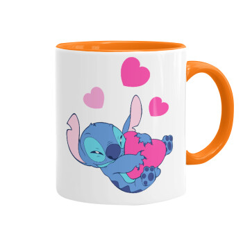 Lilo & Stitch hugs and hearts, Κούπα χρωματιστή πορτοκαλί, κεραμική, 330ml