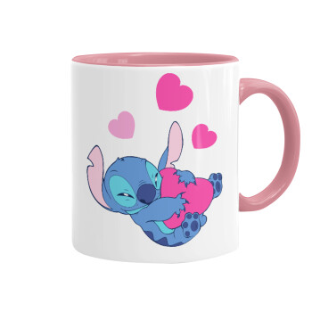 Lilo & Stitch hugs and hearts, Mug colored pink, ceramic, 330ml