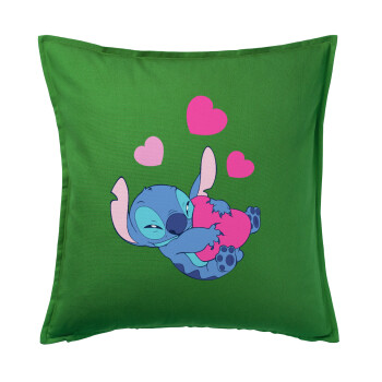 Lilo & Stitch hugs and hearts, Μαξιλάρι καναπέ Πράσινο 100% βαμβάκι, περιέχεται το γέμισμα (50x50cm)