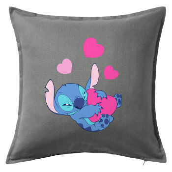Lilo & Stitch hugs and hearts, Μαξιλάρι καναπέ Γκρι 100% βαμβάκι, περιέχεται το γέμισμα (50x50cm)
