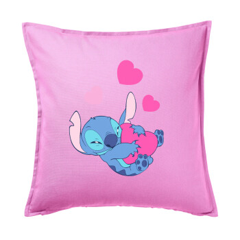 Lilo & Stitch hugs and hearts, Μαξιλάρι καναπέ ΡΟΖ 100% βαμβάκι, περιέχεται το γέμισμα (50x50cm)