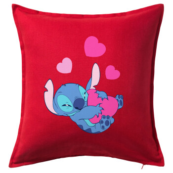 Lilo & Stitch hugs and hearts, Μαξιλάρι καναπέ Κόκκινο 100% βαμβάκι, περιέχεται το γέμισμα (50x50cm)
