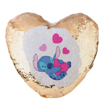 Lilo & Stitch hugs and hearts, Μαξιλάρι καναπέ καρδιά Μαγικό Χρυσό με πούλιες 40x40cm περιέχεται το  γέμισμα
