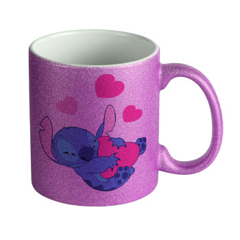 Lilo & Stitch hugs and hearts, Κούπα Μωβ Glitter που γυαλίζει, κεραμική, 330ml
