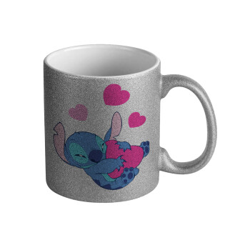 Lilo & Stitch hugs and hearts, Κούπα Ασημένια Glitter που γυαλίζει, κεραμική, 330ml