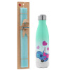Easter Set, Metallic green/white thermos (Stainless steel), double-walled, 500ml & scented flat Easter candle (30cm) (TURQUOISE)