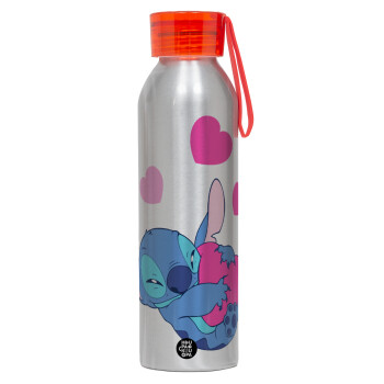Lilo & Stitch hugs and hearts, Αλουμινένιο Αθλητικό Μπουκάλι 650ml – Ασημί με Κόκκινο Καπάκι και Λουράκι Σιλικόνης