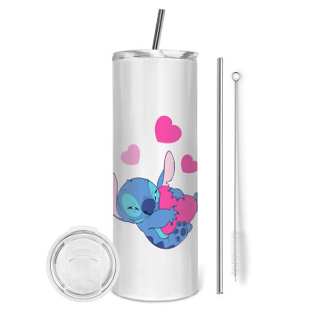 Lilo & Stitch hugs and hearts, Tumbler ποτήρι θερμό από ανοξείδωτο ατσάλι 600ml, με μεταλλικό καλαμάκι & βούρτσα καθαρισμού