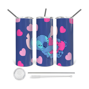 Lilo & Stitch hugs and hearts, Tumbler stainless steel 600ml, with metal straw & cleaning brush