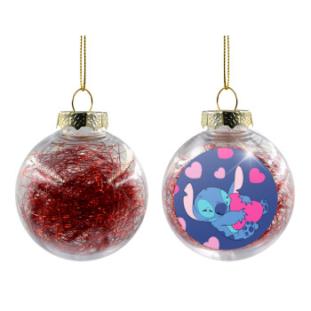 Lilo & Stitch hugs and hearts, Χριστουγεννιάτικη μπάλα δένδρου διάφανη με κόκκινο γέμισμα 8cm