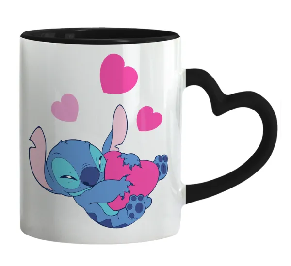 Lilo & Stitch hugs and hearts — Mug heart black handle, ceramic, 330ml
