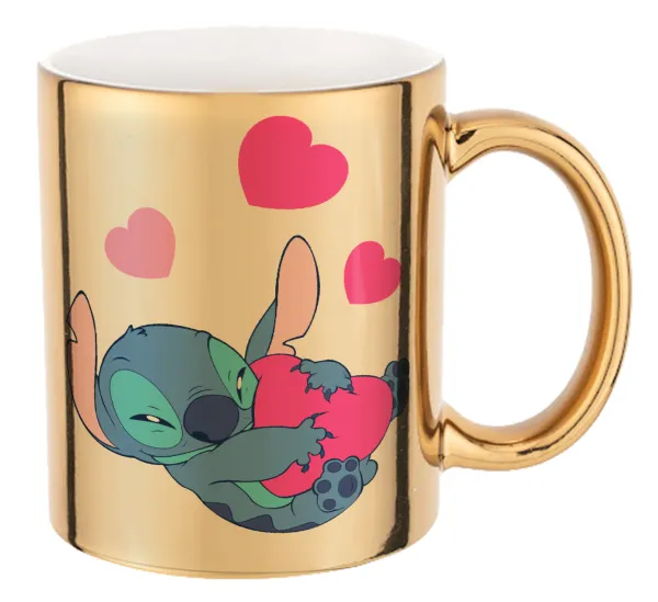 Lilo & Stitch hugs and hearts — Mug ceramic, gold mirror, 330ml
