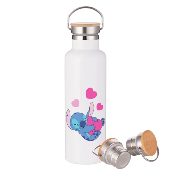 Lilo & Stitch hugs and hearts — Stainless steel White with wooden lid (bamboo), double wall, 750ml