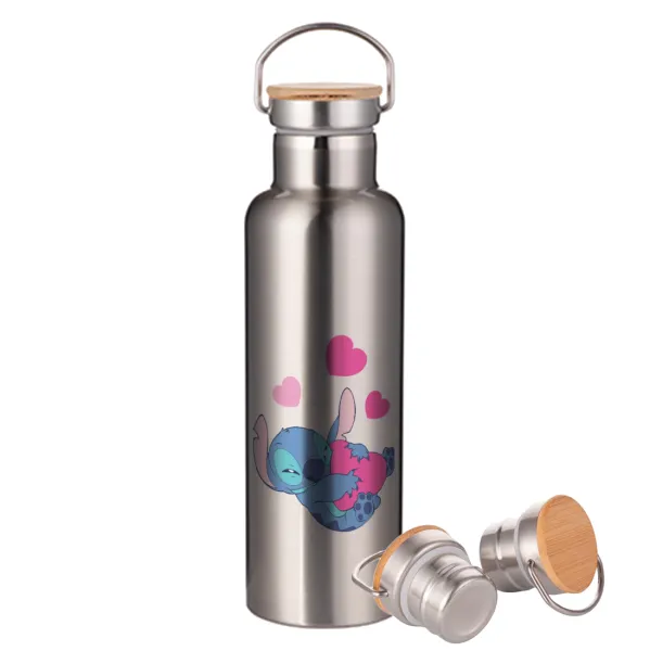 Lilo & Stitch hugs and hearts — Μεταλλικό παγούρι θερμός (Stainless steel) Ασημένιο με ξύλινο καπακι (bamboo), διπλού τοιχώματος, 750ml