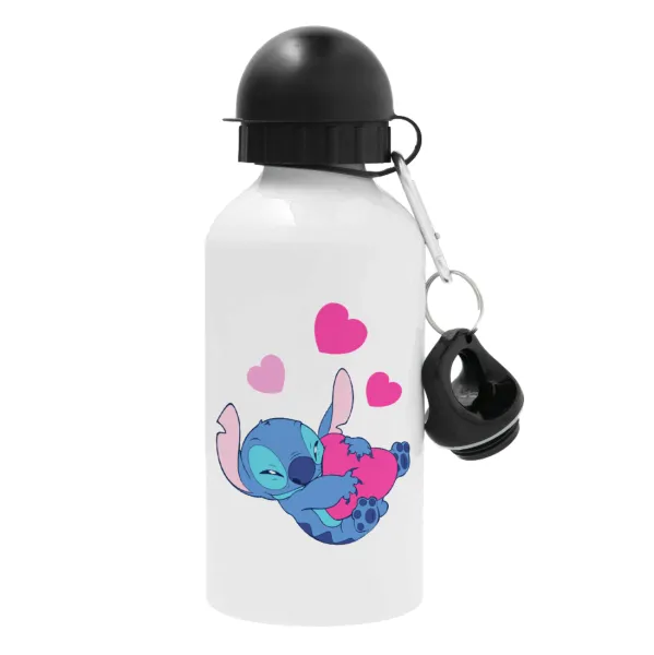 Lilo & Stitch hugs and hearts — Metal water bottle, White, aluminum 500ml