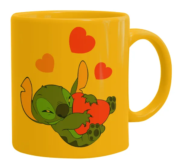 Lilo & Stitch hugs and hearts — Ceramic coffee mug yellow, 330ml
