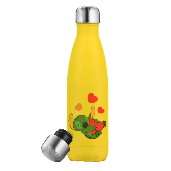 Lilo & Stitch hugs and hearts — Yellow Stainless Steel Metallic Thermos, double-walled, 500ml