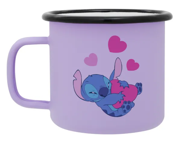 Lilo & Stitch hugs and hearts — Metal enamel mug, matte light pastel purple, 360ml