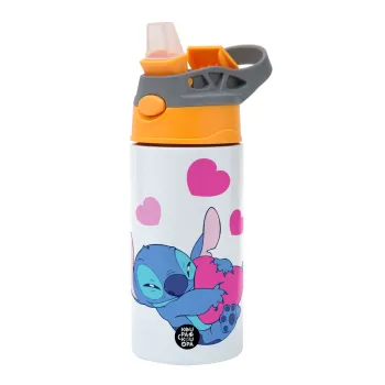 Lilo & Stitch hugs and hearts, Παιδικό παγούρι θερμό, ανοξείδωτο, με καλαμάκι ασφαλείας, Πορτοκαλί/Γκρι (360ml) BPA-FREE