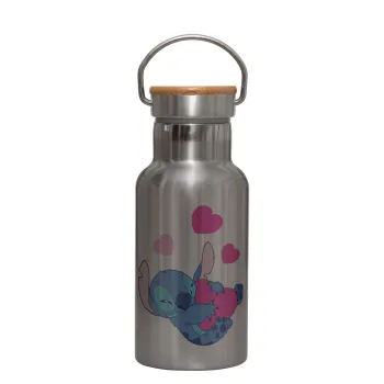 Lilo & Stitch hugs and hearts, Stainless steel metallic thermos flask, silver with a bamboo lid, double-walled, 350ml.