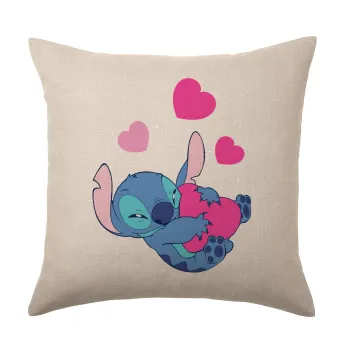 Lilo & Stitch hugs and hearts, Μαξιλάρι καναπέ ΛΙΝΟ 40x40cm περιέχεται το  γέμισμα
