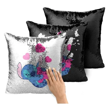 Lilo & Stitch hugs and hearts, Μαξιλάρι καναπέ Μαγικό Μαύρο με πούλιες 40x40cm περιέχεται το γέμισμα