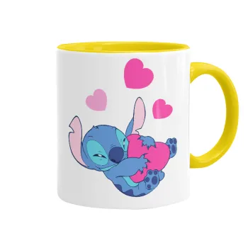 Lilo & Stitch hugs and hearts, Κούπα χρωματιστή κίτρινη, κεραμική, 330ml