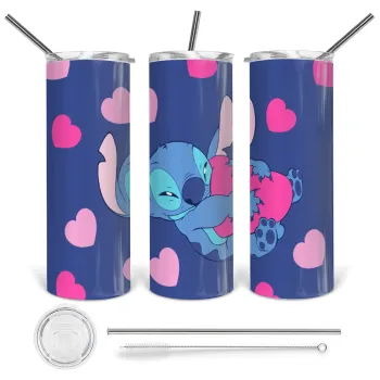 Lilo & Stitch hugs and hearts, Tumbler stainless steel 600ml, with metal straw & cleaning brush