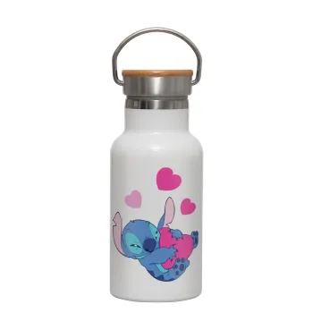 Lilo & Stitch hugs and hearts, Metallic thermos (Stainless steel) White with wooden lid (bamboo), double-walled, 350ml