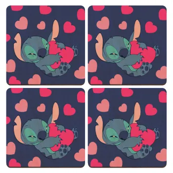 Lilo & Stitch hugs and hearts, ΣΕΤ x4 Σουβέρ ξύλινα τετράγωνα plywood (9cm)