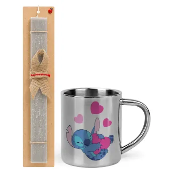 Lilo & Stitch hugs and hearts, Easter Set, metallic thermal cup (300ml) & Easter aromatic flat candle (30cm) (GRAY)