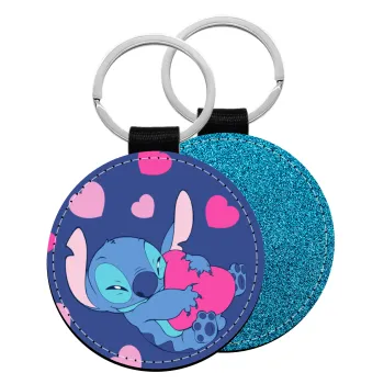 Lilo & Stitch hugs and hearts, Μπρελόκ Δερματίνη, στρογγυλό ΜΠΛΕ (5cm)