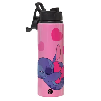 Lilo & Stitch hugs and hearts, Μεταλλικό παγούρι νερού με καπάκι ασφαλείας, αλουμινίου 850ml