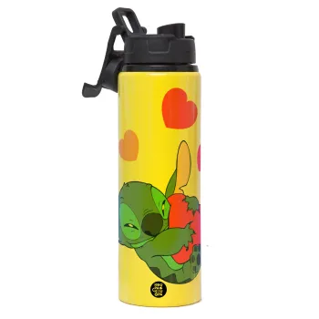 Lilo & Stitch hugs and hearts, Μεταλλικό παγούρι νερού με καπάκι ασφαλείας, αλουμινίου 850ml