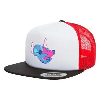 Lilo & Stitch hugs and hearts, Adult Foam Flat Snapback with Mesh Black-White-Red (POLYESTER, ADULT, UNISEX, ONE SIZE)